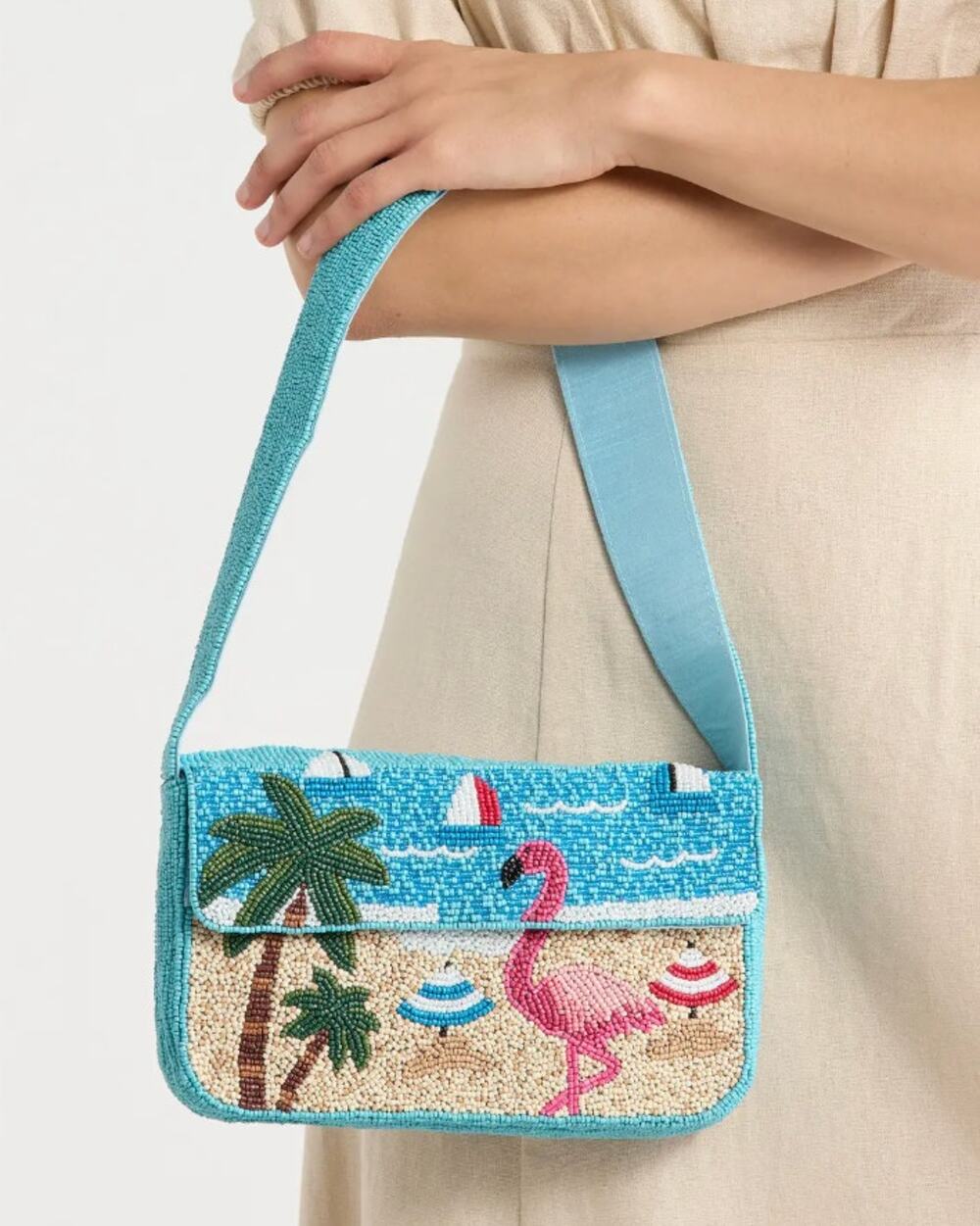 SOL & MER Beaded Flamingo Beach Scene Shoulder Bag NEW